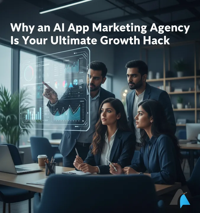 A team at an AI app marketing agency analyzes a growth dashboard, showcasing their strategy.