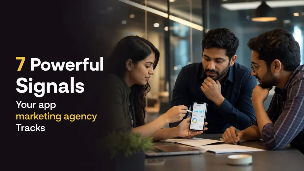 A founder team reviews growth signals with an app marketing agency before scaling mobile acquisition.
