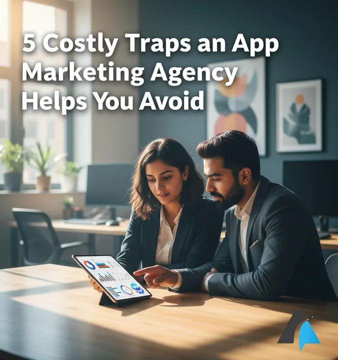 A startup founder reviewing app growth data with an expert from an app marketing agency.