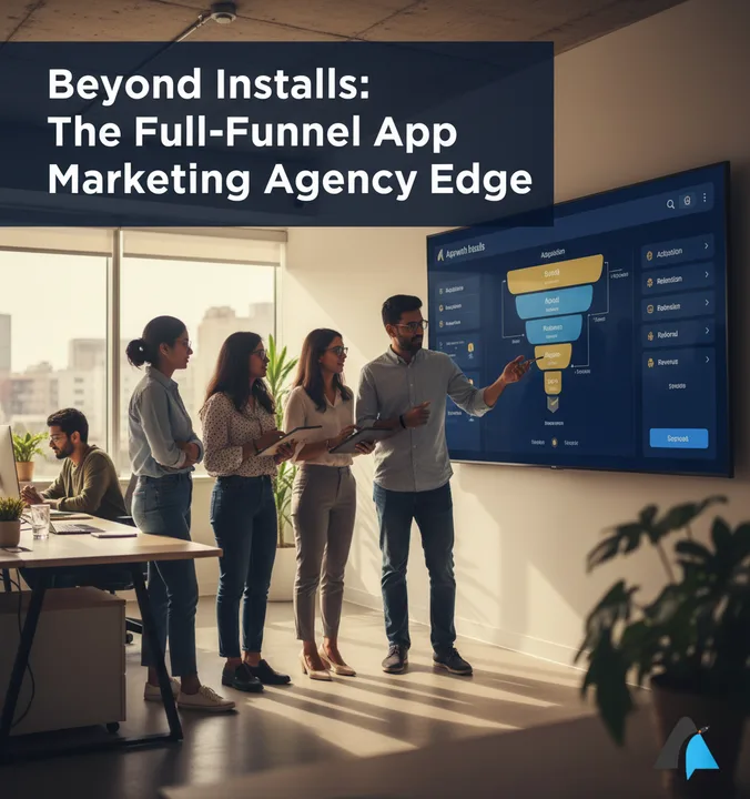 A team at a full-funnel app marketing agency discusses a growth strategy on a large analytics screen.