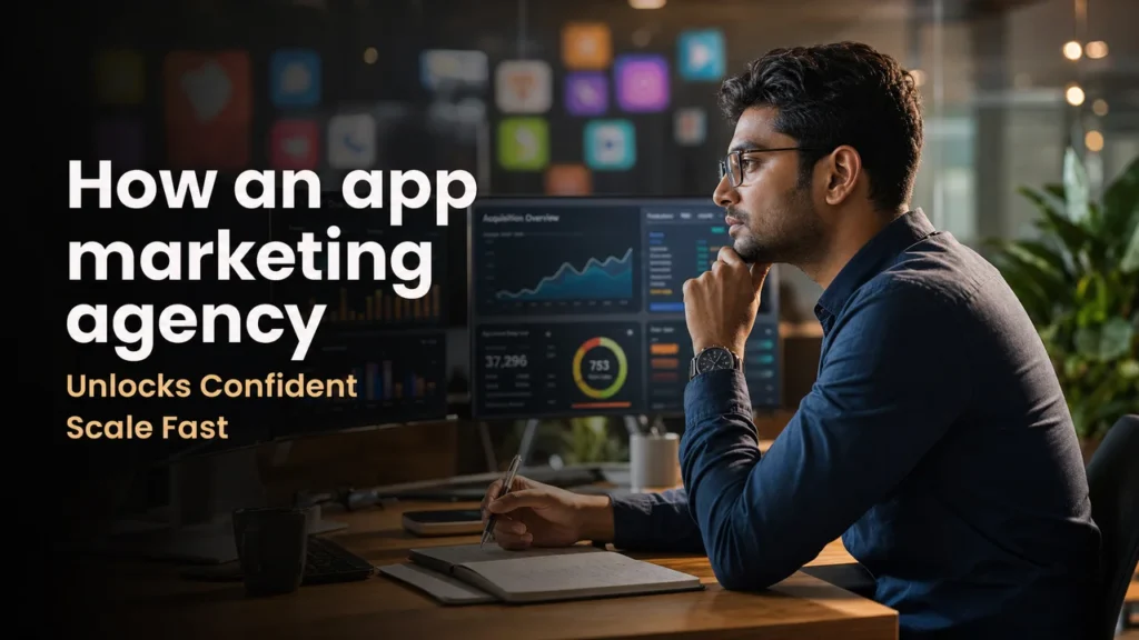 An Indian founder reviews AI growth dashboards with an app marketing agency strategist in a modern office.