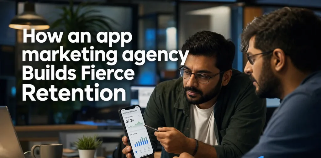 Indian growth team planning retention with an app marketing agency in a modern workspace.