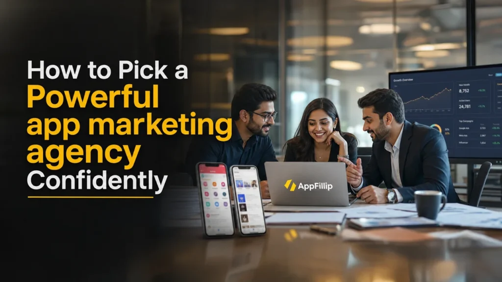 Indian founders use an app marketing agency scorecard while reviewing mobile growth analytics in a premium workspace.