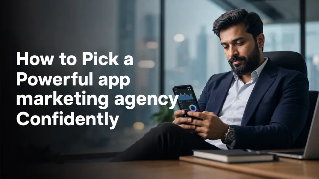 Indian founder reviewing analytics while choosing an app marketing agency for scalable mobile growth.