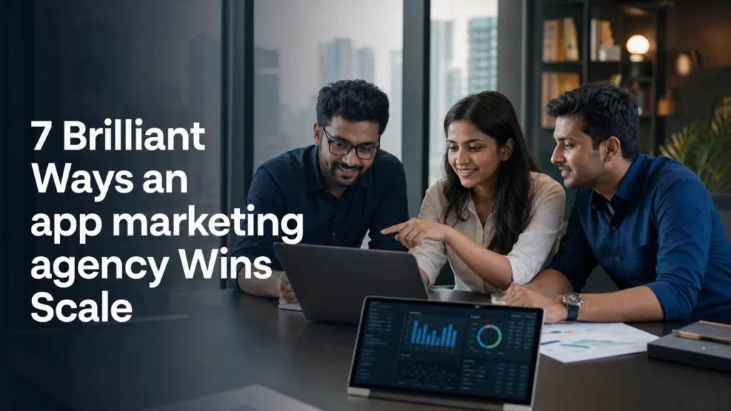 Indian founders reviewing growth dashboards for an app marketing agency strategy session.