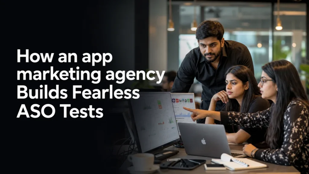 A startup team reviews ASO experiments with an app marketing agency in a modern office.