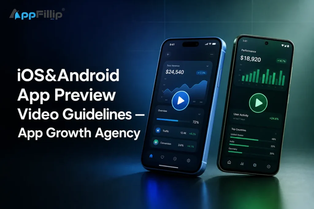 Cover image illustrating iOS and Android preview video rules by an app growth agency.