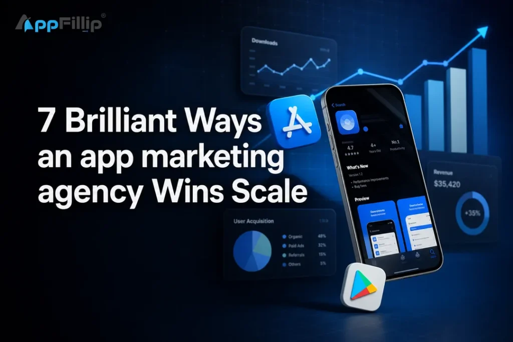 Cover graphic for an app marketing agency guide showing growth charts and app icons