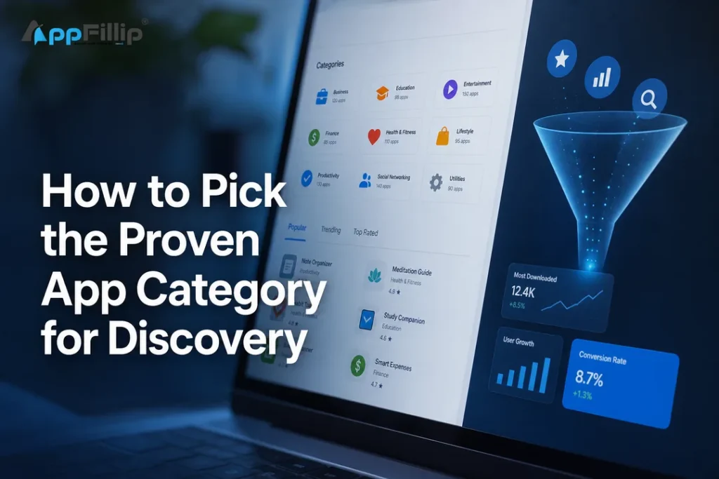 Minimalist cover showing category icons and funnel for the app category for discovery