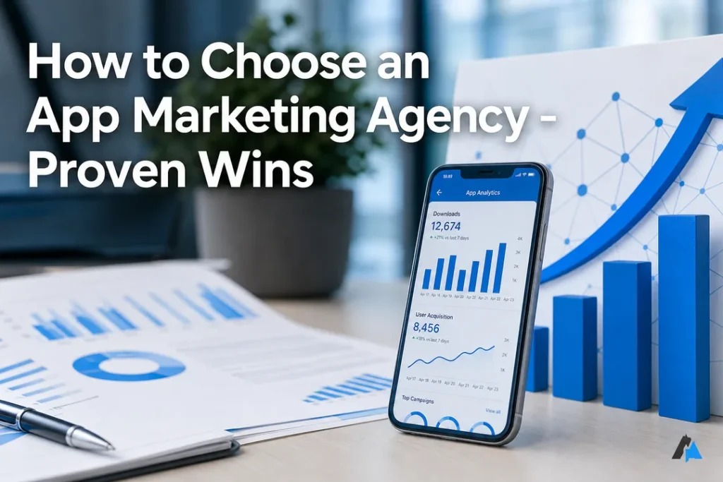 Bold cover image showing a mobile screen and growth chart, illustrating how an app marketing agency drives installs and revenue.