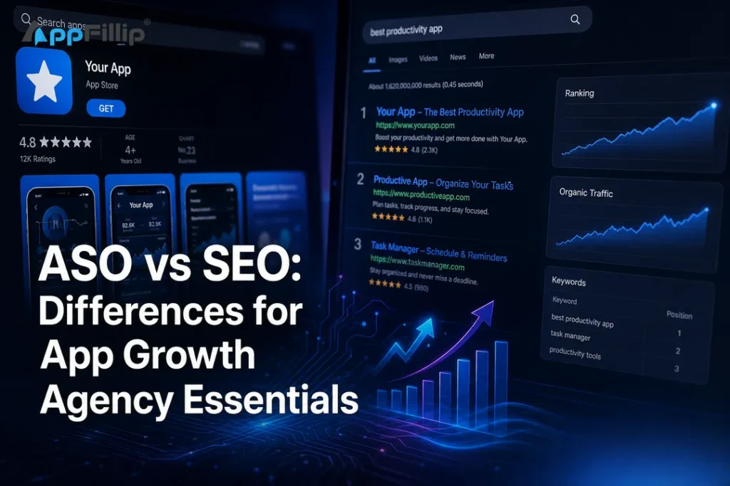 Feature image comparing ASO and SEO for an app growth agency