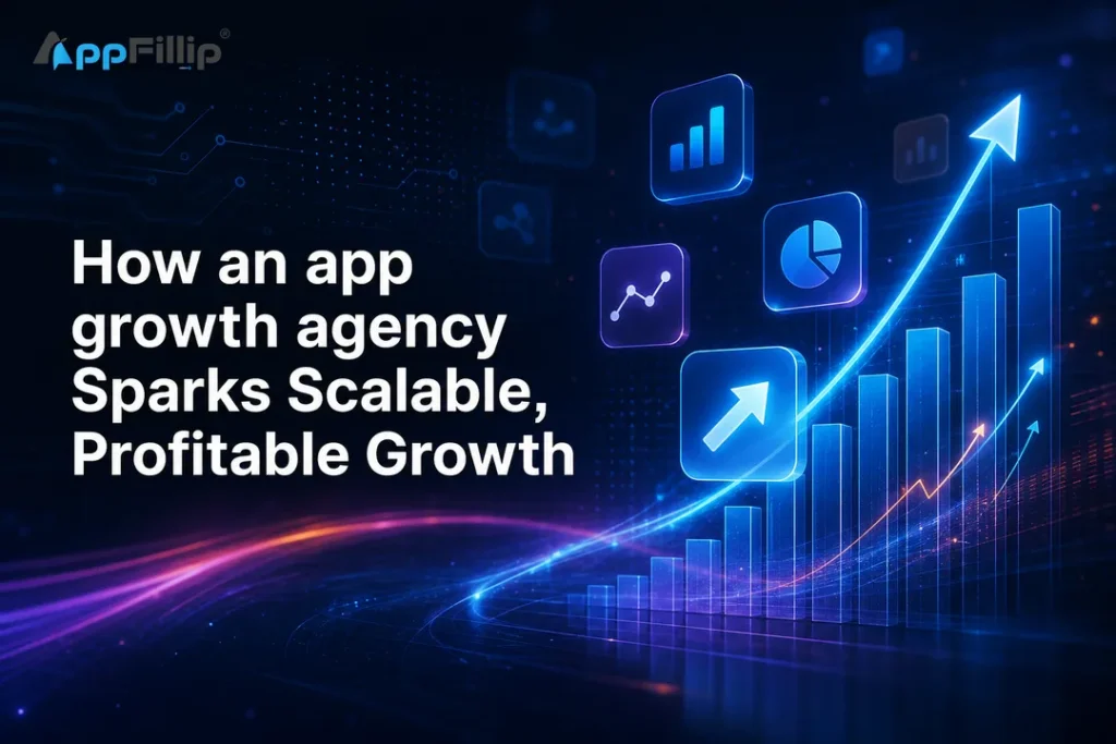 Abstract growth cover showing charts and app icons for an app growth agency playbook