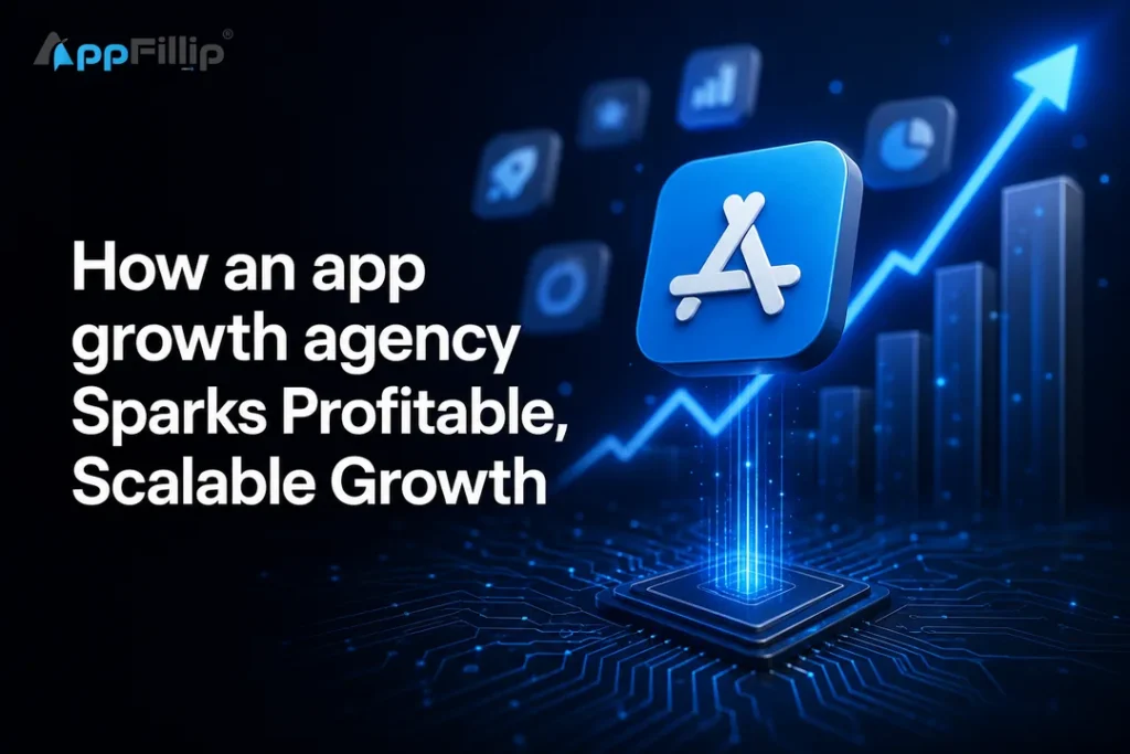 Abstract cover visual for an app growth agency showing app store icons and growth charts