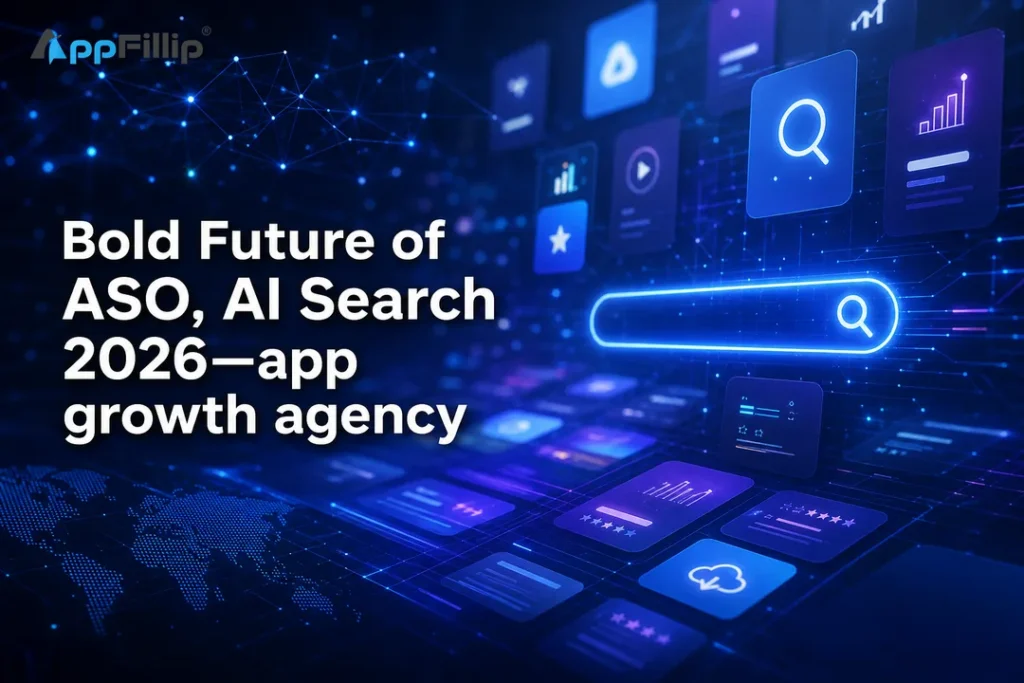 Futuristic cover illustrating app growth agency strategies for ASO in AI search 2026