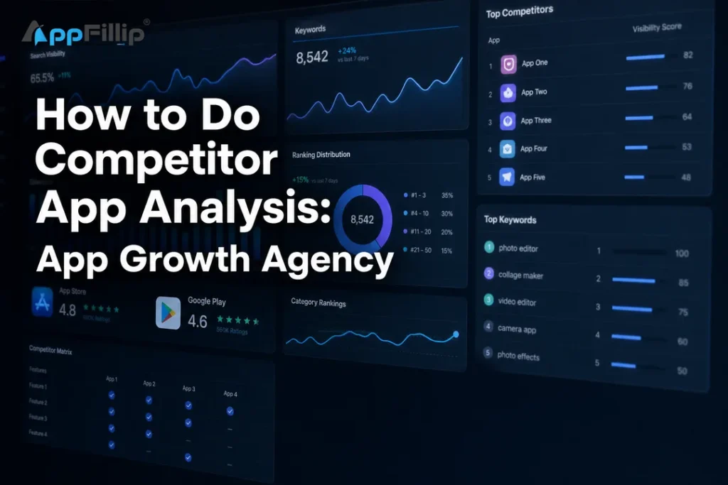 Abstract competitive analysis dashboard for an app growth agency article.