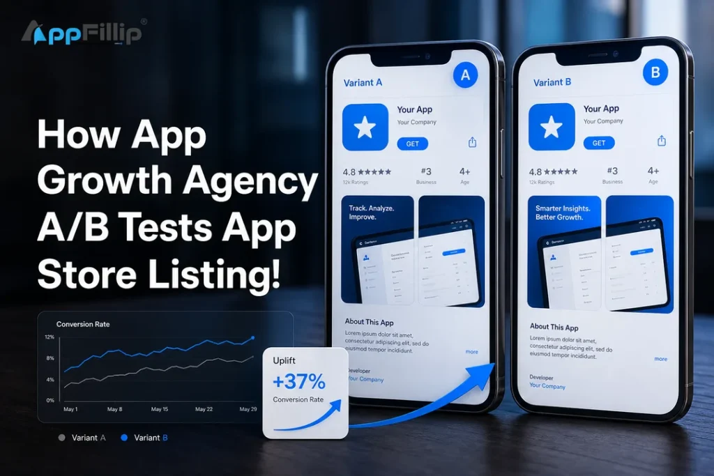 Split-screen A/B testing cover visual created by an app growth agency